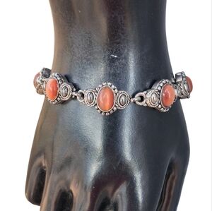 Vintage Terracotta Cat’s Eye Magnetic Link Bracelet - Antiqued Silver Boho Retro